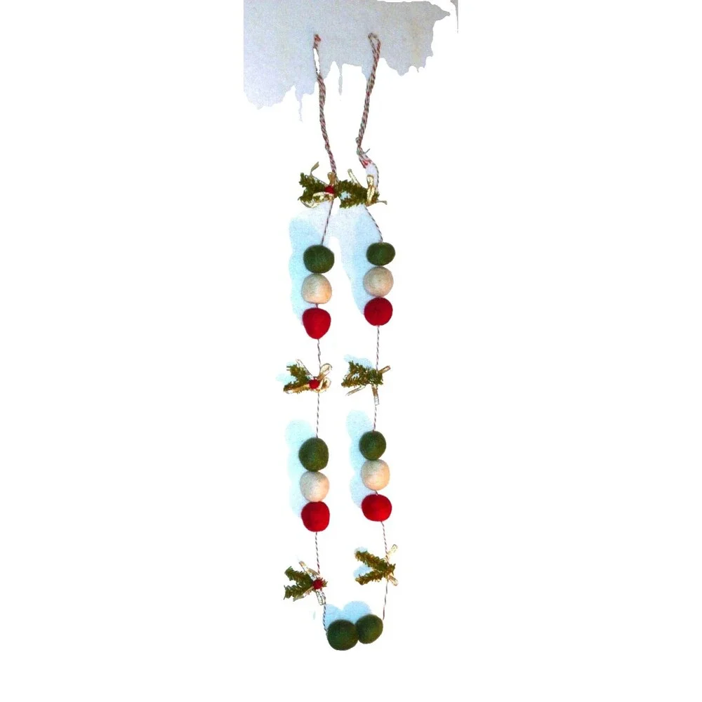 Vintage Inspired Felt Wool balls Beads Garland Christmas Colors Red Green White
